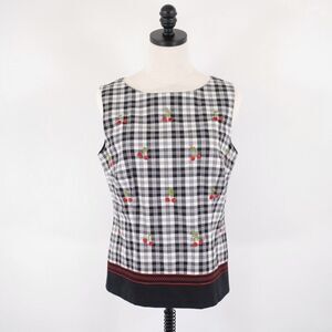 Talbots Stretch Black‎ White Plaid Cherries Sleeveless Lined Top Blouse Size 10